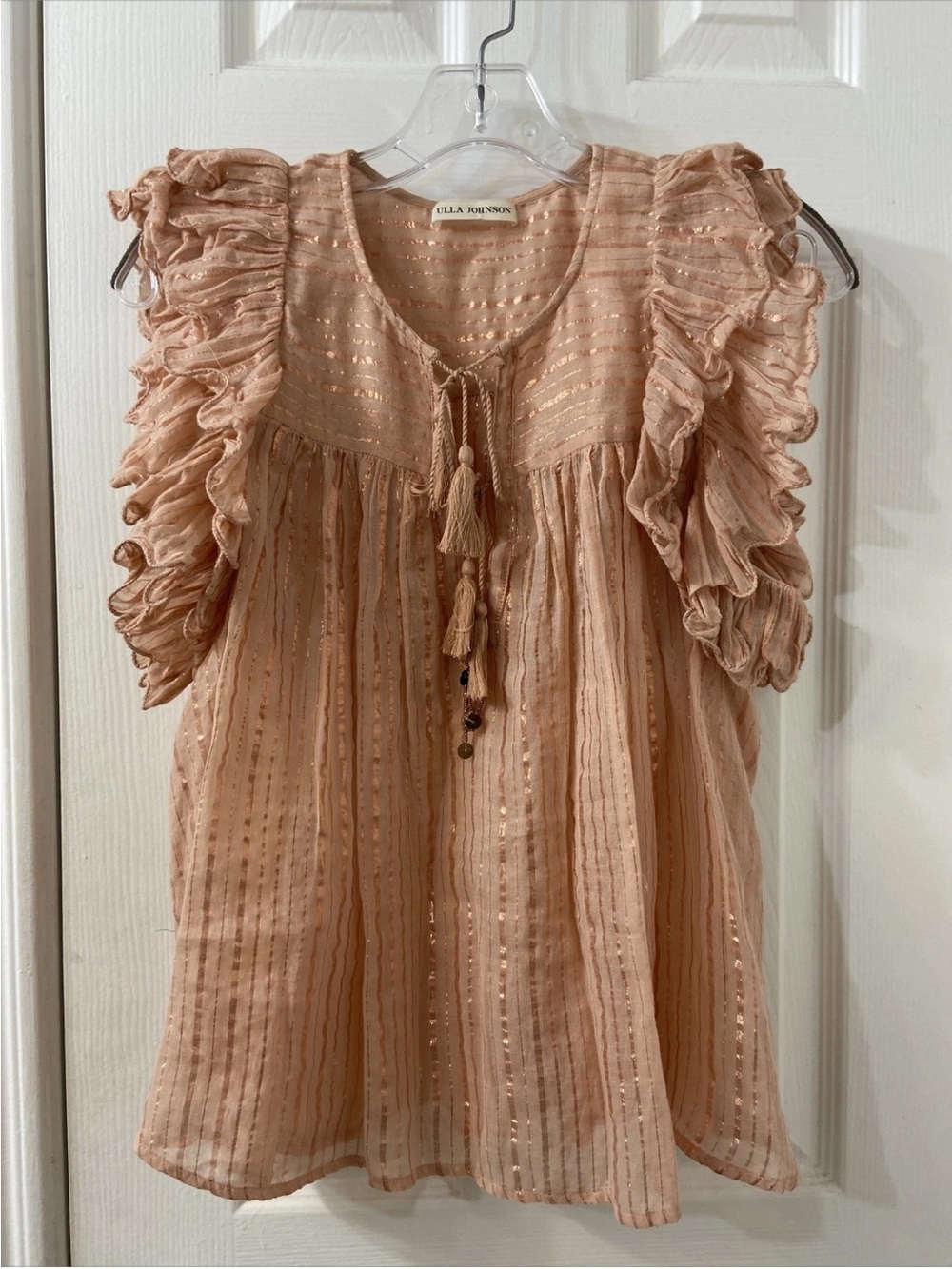 Ulla Johnson Blush Peach Metallic-Striped Ruffle Tassel Top